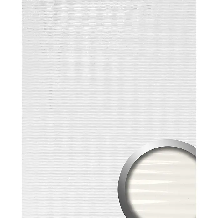 Wallface Wandpaneel 15764 MOTION TWO Wandverkleidung 3D Wellen weiß 2,60 qm - 2.600 x 1.000 mm - Silberner Metallrahmen umschließt eine cremefarbene, horizontal strukturierte Fläche, unten rechts sichtbar.