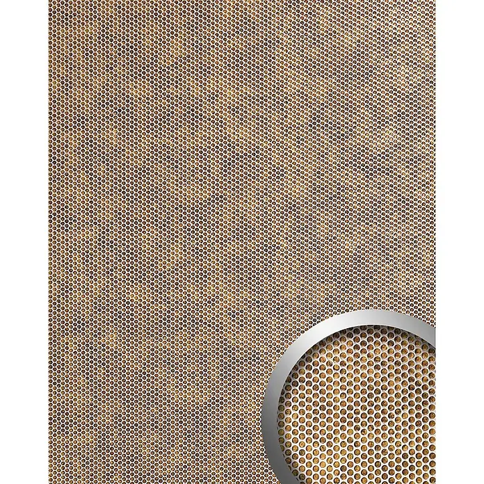 Wallface Wandpaneel 17241 RACE Wandpaneel Wandplatte 3D Runddekor braun silber 2,60 qm - silber, 2.600 x 1.000 mm - Silbernes Lochblechgitter mit kleinen runden Löchern, das einen strukturierten goldbraunen Hintergrund zeigt.