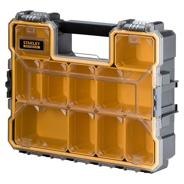 Stanley FatMax Estuche para piezas pequeñas 1-97-518 - Número de compartimentos: 10 ud., Bajo - Organizador modular amarillo y gris Stanley FatMax con tapa transparente y múltiples compartimentos para piezas pequeñas.
