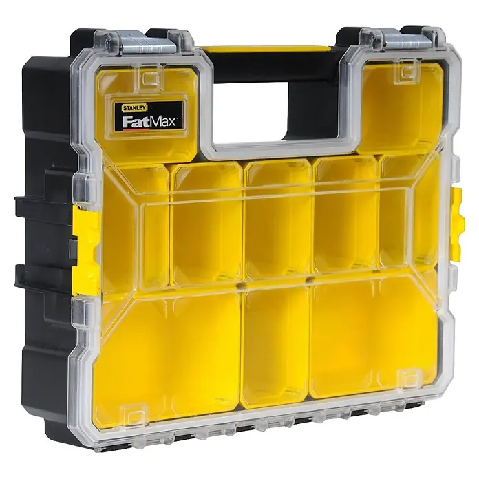 Stanley FatMax Estuche para piezas pequeñas 1-97-518 - Número de compartimentos: 10 ud., Bajo - Organizador Stanley FatMax negro y amarillo con tapa transparente, múltiples compartimentos para piezas pequeñas.