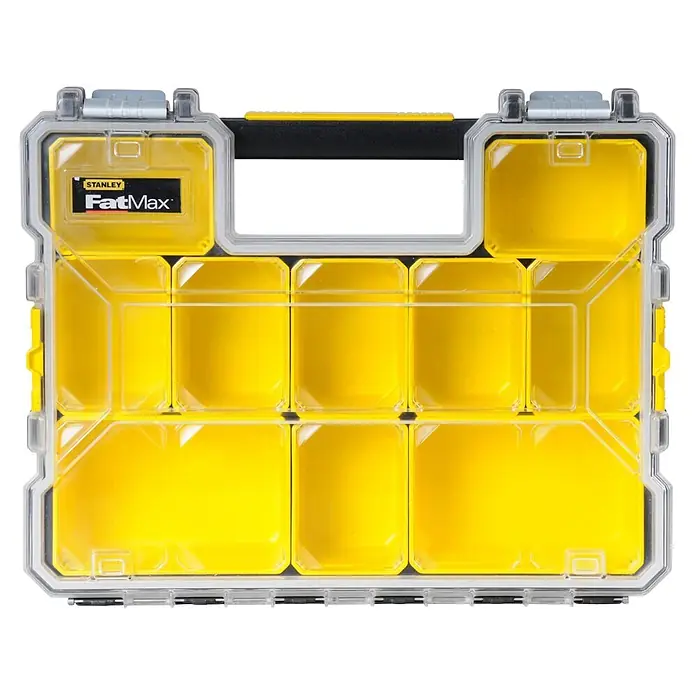 Stanley FatMax Estuche para piezas pequeñas 1-97-518 - Número de compartimentos: 10 ud., Bajo - Organizador de piezas de plástico transparente con compartimentos amarillos y asa negra. Ideal para guardar objetos pequeños.