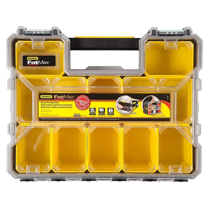 Stanley FatMax Estuche para piezas pequeñas 1-97-518 - Número de compartimentos: 10 ud., Bajo - Stanley FatMax Deep Pro Organizer: una caja de plástico amarilla y transparente compartimentada con sello de agua y apilable.