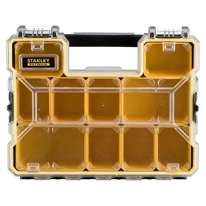 Stanley FatMax Estuche para piezas pequeñas 1-97-518 - Número de compartimentos: 10 ud., Bajo - Organizador Stanley FatMax con tapa transparente y múltiples compartimentos amarillos extraíbles para piezas pequeñas.