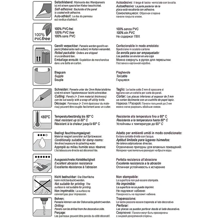 Wallface Wandpaneel 12432 DECO Design Wand-Paneel Metall Dekor braun gebürstet 2,60 qm - 2.600 x 1.000 mm - Grafik mit Symbolen und mehrsprachigem Text, die Produktmerkmale beschreiben: selbstklebend, PVC-frei, hitzebeständig und bohrbar.