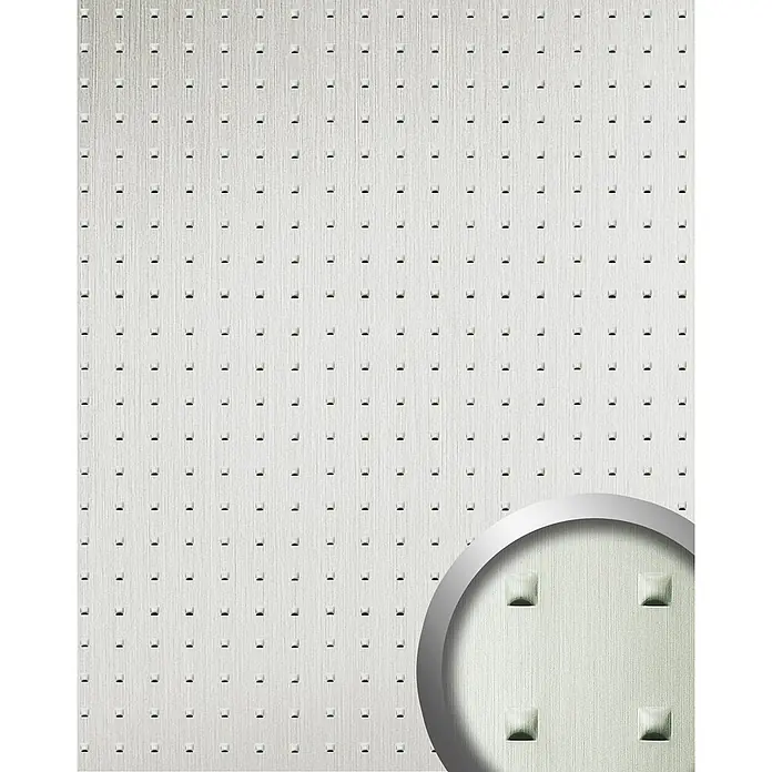 Wallface Wandpaneel 11273 SQUARE Wandpaneel 3D Metalloptik edelstahl grau 2,60 qm - 2.600 x 1.000 mm - Weiße strukturierte Oberfläche mit regelmäßig angeordneten quadratischen Vertiefungen.