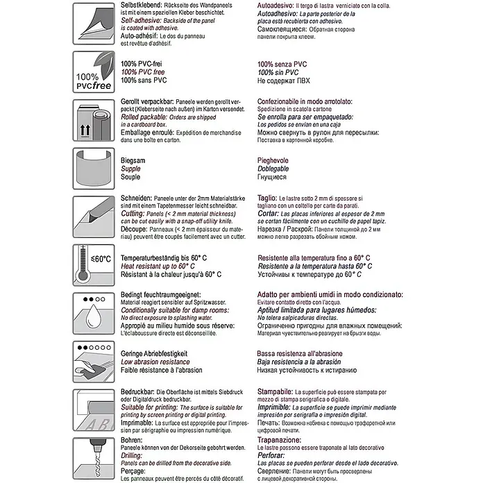 Wallface Wandpaneel 19346 CRASHED MIRROR Dekorpaneel im Used look glänzend silber 2,6 m2 - 2.600 x 1.000 mm - Übersicht der Produkteigenschaften mit Icons und mehrsprachigen Beschreibungen.