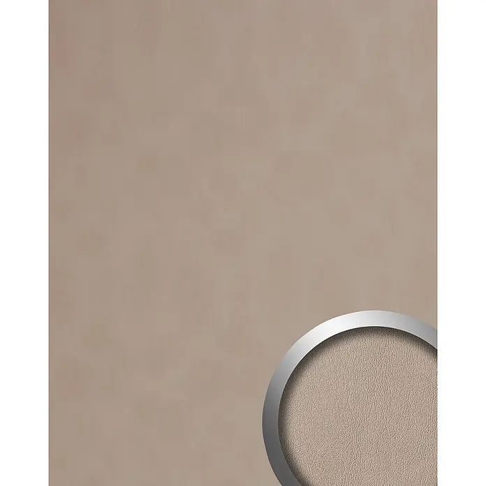 Wallface Wandpaneel 19023 STONY GROUND Wandpaneel in Leder Optik matt beige 2,6 m2 - 2.600 x 1.000 mm - Hellbraune strukturierte Materialprobe, eventuell Leder, mit detailreicher Narbenansicht in einem Silberkreis.