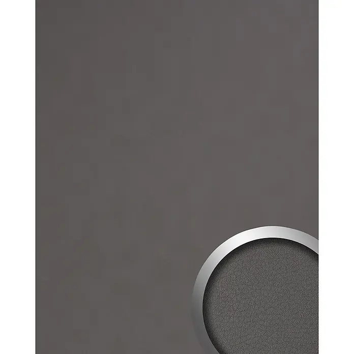 Wallface Wandpaneel 19301 CHARCOAL LIGHT Wandpaneel in Leder Optik matt grau 2,6 m2 - quarz-grau, 2.600 x 1.000 mm - Silberner Ring umrahmt dunkles, genarbtes Material wie Leder.