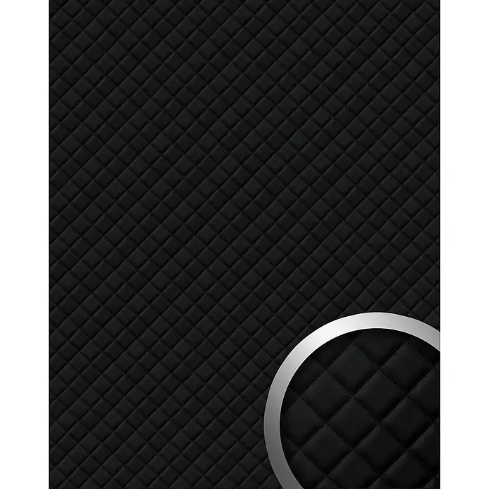 Wallface Wandpaneel 31755 ROMBO Wandpaneel Leder Design Karo Wandplatte schwarz 2,60 qm -  - Schwarze gesteppte Textur mit vergrößertem Detail der Rautensteppung.