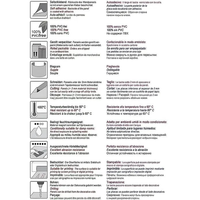 Wallface Wandpaneel 10187 DECO GOLD Wandpaneel Spiegel Dekor Glanz Paneel gold 2,60 qm - 2.600 x 1.000 mm - Infografik mit Icons und Text, die Produkteigenschaften beschreiben: selbstklebend, PVC-frei, biegsam, schneidbar, hitzebeständig, bedruckbar und bohrbar.