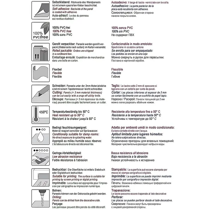 Wallface Wandpaneel 27375 M-Style Design Platte Wand-paneel Deko selbstklebend gold 0,96 qm - 980 x 980 mm - Ein Informationsblatt mit Produktdetails und Eigenschaften in mehreren Sprachen, illustriert mit Symbolen.
