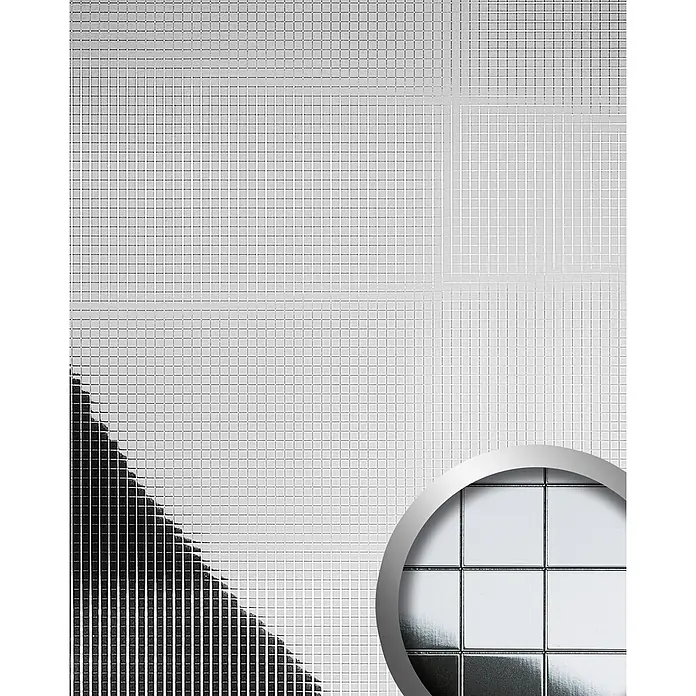 Wallface Wandpaneel 27378 M-Style Platte Wand-paneel Metall Mosaik Dekor silber 0,96 qm -  - Reflektierende weiße quadratische Mosaikfliesentextur mit Gittermuster und dunklen Fugen.