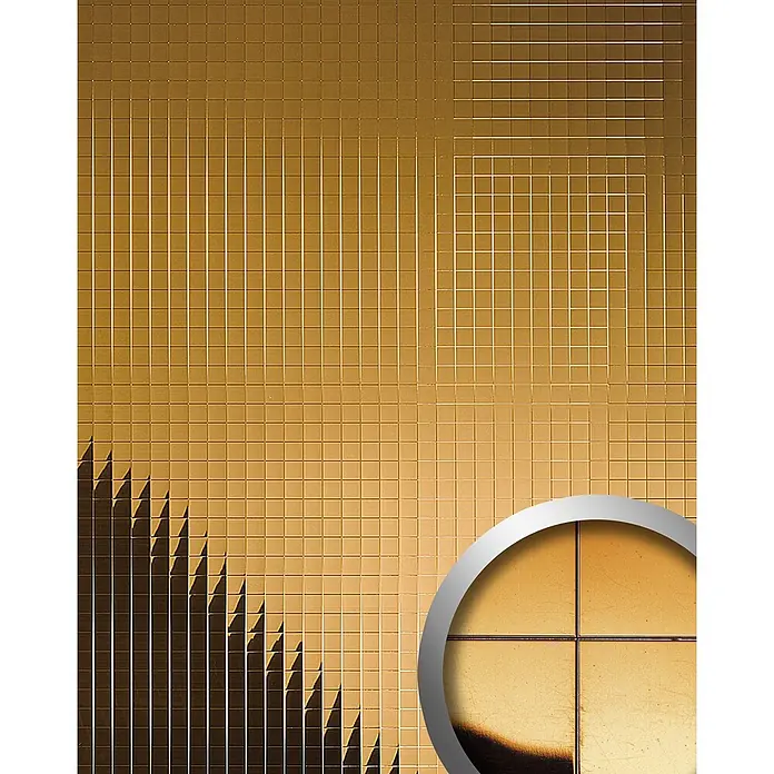 Wallface Wandpaneel 27375 M-Style Design Platte Wand-paneel Deko selbstklebend gold 0,96 qm - 980 x 980 mm - Texturierte Goldquadratvertäfelung mit dynamischem Licht-Schatten-Spiel. Vergrößerter Ausschnitt zeigt individuelle, verwitterte Goldfliesen.