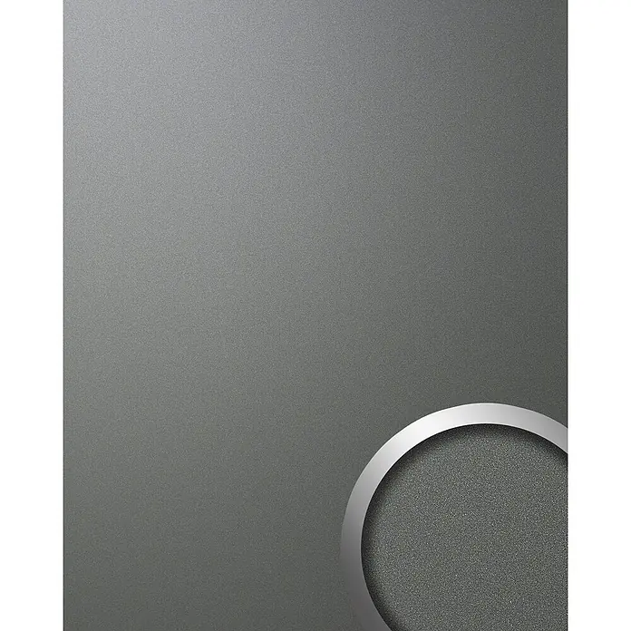 Wallface Wandpaneel 10389 DECO SMOKE Wandpaneel Kunststoff Wandverkleidung grau 2,60 qm - 2.600 x 1.000 mm - Teilweise sichtbarer silberner Metallring, der einen kreisförmigen Bereich mit dunkler grauer Granulattextur umrahmt.