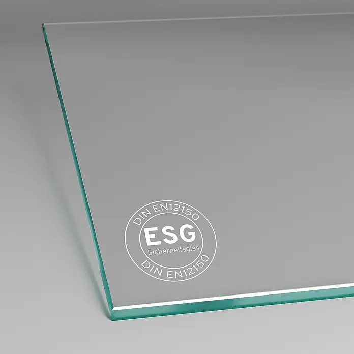 Inova Schiebetür-Komplettset Glas vollsatiniert mit Stabgriff in schwarz - 900 x 2.035 mm - Klare ESG Sicherheitsglasplatte mit grüner Kante, gekennzeichnet mit 'DIN EN12150 ESG Sicherheitsglas'.