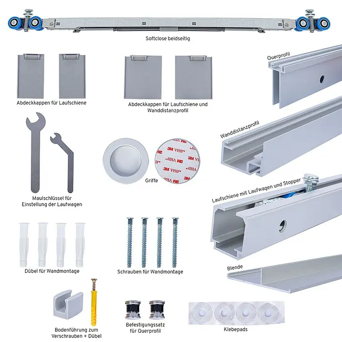 Inova Schiebetür-Komplettset Glasschiebetür ESG vollflächig satiniert 755 x 2035 - 755 x 2.035 mm - Komplettes Schiebetür-Hardware-Kit aus silbernem Metall und grauen Kunststoffteilen, inklusive Rollen, Schienen, Griffen und Montagezubehör.