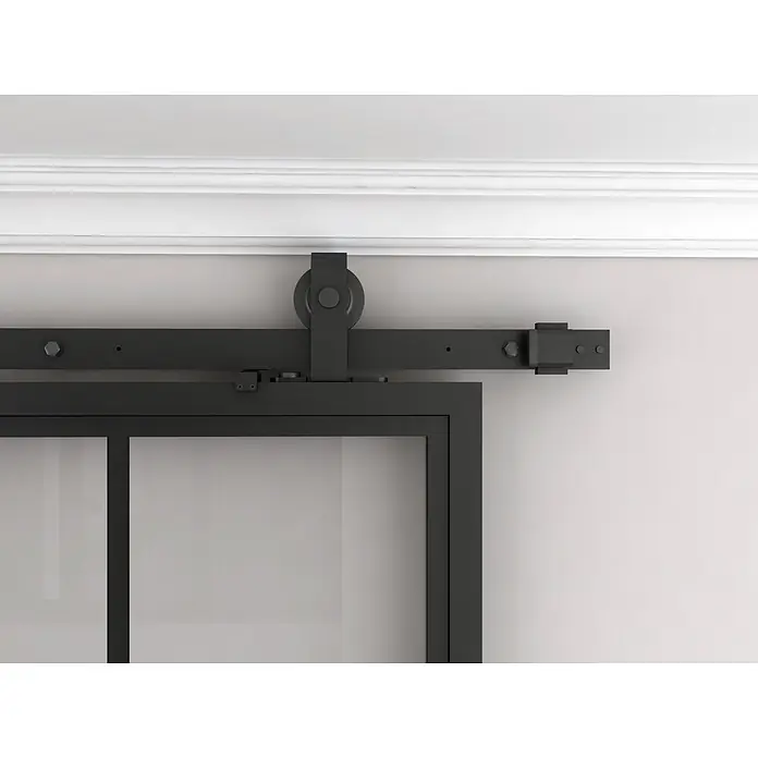Inova Schiebetür-Komplettset Glasschiebetür ESG 3 Felder Stahl 90 x 215 cm mit Softclose - 900 x 2.150 mm - Schwarzmetall-Schiebetürbeschlag mit Schiene, Rolle und Glastürrahmen.