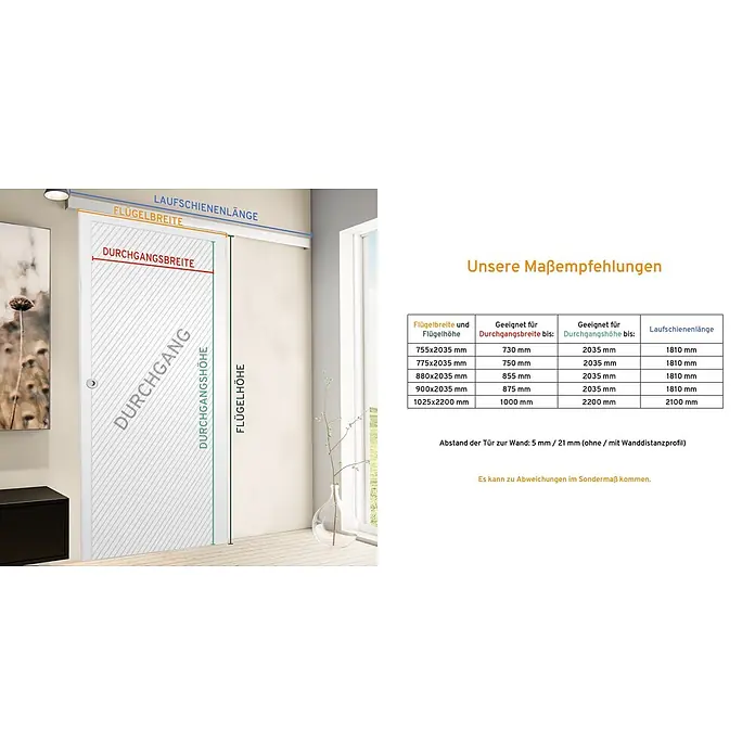 Inova Schiebetür-Komplettset Holzschiebetür weiß 880 x 2035 mm mit Softclose - 880 x 2.035 mm - Eine weiße Schiebetür mit Maßangaben und einer Tabelle mit empfohlenen Abmessungen für verschiedene Türgrößen und Schienenlängen.