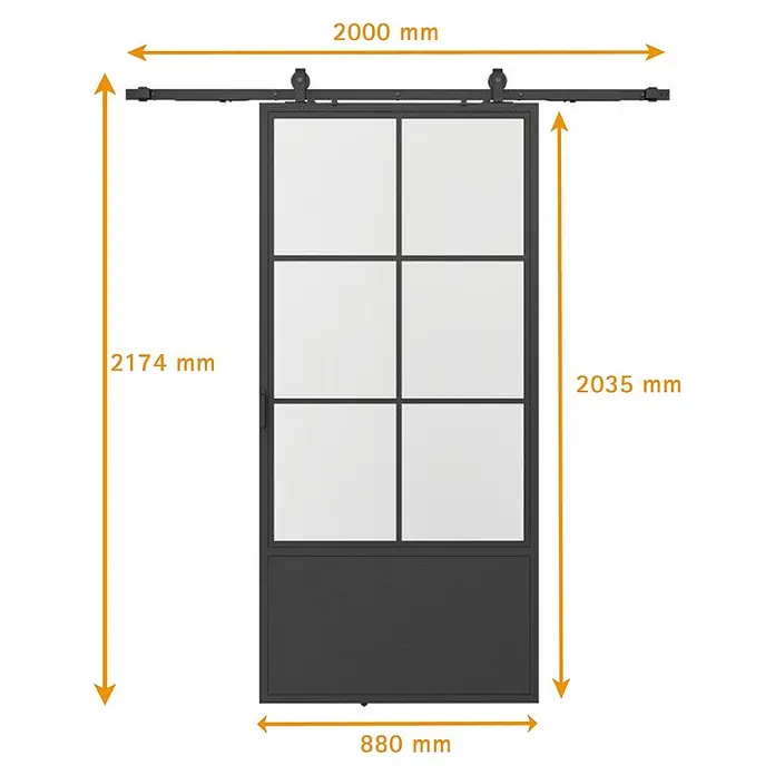 Inova Schiebetür-Komplettset Glasschiebetür ESG 6 Felder Stahl 1025 x 2150 mm mit Softclose - 1.025 x 2.200 mm - Schwarze Schiebetür aus Metall und Glas mit Laufschiene oben.