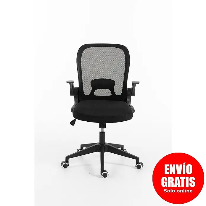 Silla de oficina Vega - Negro, Reposabrazos - Silla de oficina negra con respaldo de malla, asiento de tela y base de cinco ruedas.