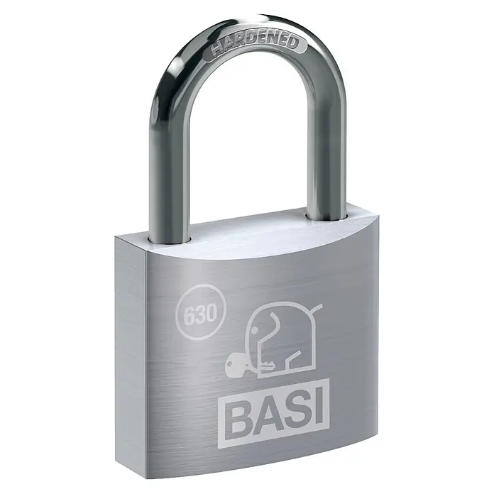 Basi Vorhängeschloss VHS 630 - Bügelstärke: 7 mm, Material Bügel: Stahl - Silbernes Metallvorhängeschloss mit gebürstetem Körper und glänzendem gehärtetem Bügel. Mit 'BASI' Logo und '630'.