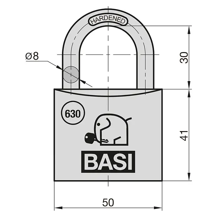 Basi Vorhängeschloss VHS 630 - Bügelstärke: 7 mm, Material Bügel: Stahl - Technische Zeichnung eines grauen, gehärteten Vorhängeschlosses: Bügel Ø8mm, Bügelhöhe 30mm, Korpus 50x41mm. Mit BASI-Logo.