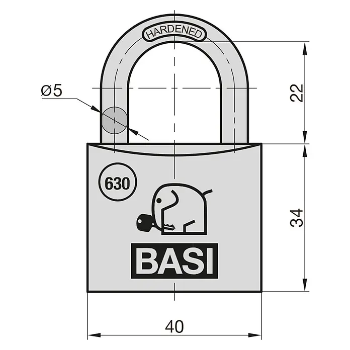 Basi Vorhängeschloss VHS 630 - Bügelstärke: 6 mm, Material Bügel: Stahl - Graues Vorhängeschloss mit gehärtetem Ø5mm Bügel (22mm Durchgang). Korpus 40mm breit x 34mm hoch, Marke BASI 630.