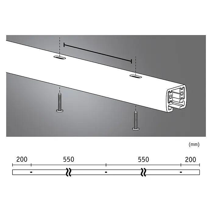 Paulmann URail Riel - 150 cm, Metal, Negro - Riel de montaje blanco con orificios de tornillo ovales y perfil interno. Las dimensiones indican la distancia entre orificios.