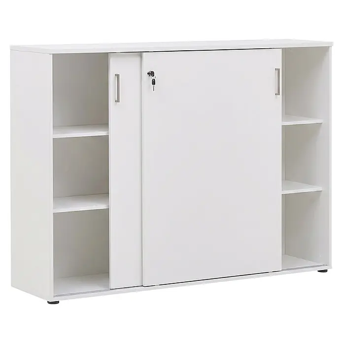 Schildmeyer 1500 Schiebetür Schrank - L x B x H: 41 x 160,2 x 119,4 cm, Lichtgrau - Weißer Aufbewahrungsschrank mit zwei Schiebetüren, einer mit Schloss und Schlüsseln, und zwei offenen Regalfächern an jeder Seite.