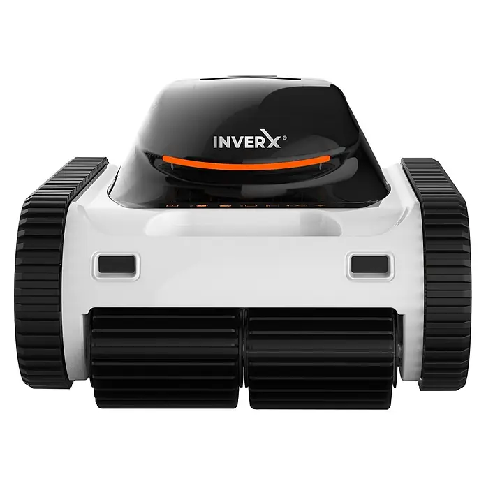 Fairland Poolroboter InverX30 - Akkubetrieben, Filterleistung: 22 m³/h - Weißer und schwarzer autonomer Roboter mit breiten Ketten, orangefarbener Leuchtleiste und INVERX-Logo.
