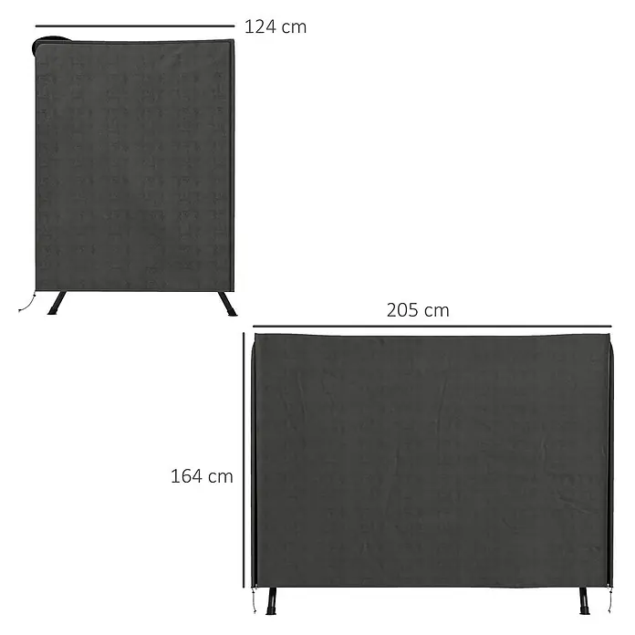 Outsunny Hollywoodschaukel-Schutzhülle - 600D Oxford Gewebe, Dunkelgrau - Zwei dunkelgraue Stoff-Sichtschutzwände mit schwarzen Standfüßen, 124x164 cm und 205x164 cm.