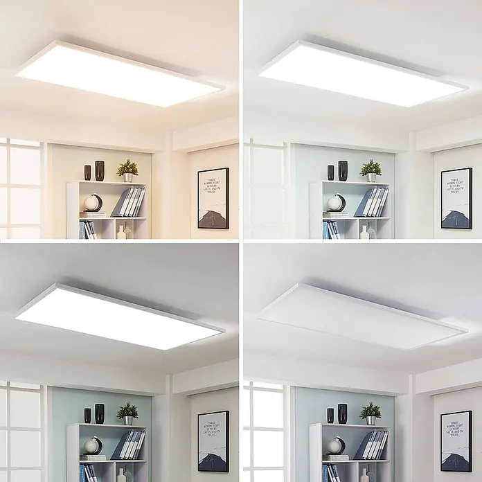 Arcchio LED-Panel Arya - L x B x H: 119,5 x 59,5 x 4,5 cm, weiß / opal, weiß / opal - Rechteckige weiße LED-Deckenleuchte, an der Decke montiert, zeigt verschiedene Lichttemperaturen in einem Raum.