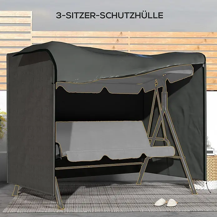 Outsunny Hollywoodschaukel-Schutzhülle - 600D Oxford Gewebe, Dunkelgrau - Dunkelgraue 3-Sitzer Schutzhülle für Gartenschaukel, schützt eine Schaukelbank auf einer Terrasse.
