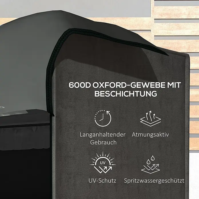 Outsunny Hollywoodschaukel-Schutzhülle - 600D Oxford Gewebe, Dunkelgrau - Dunkelgraue 600D Oxford-Stoffabdeckung, mit Haltbarkeit, Atmungsaktivität, UV-Schutz und Spritzwasserschutz, vor einer Holzwand.