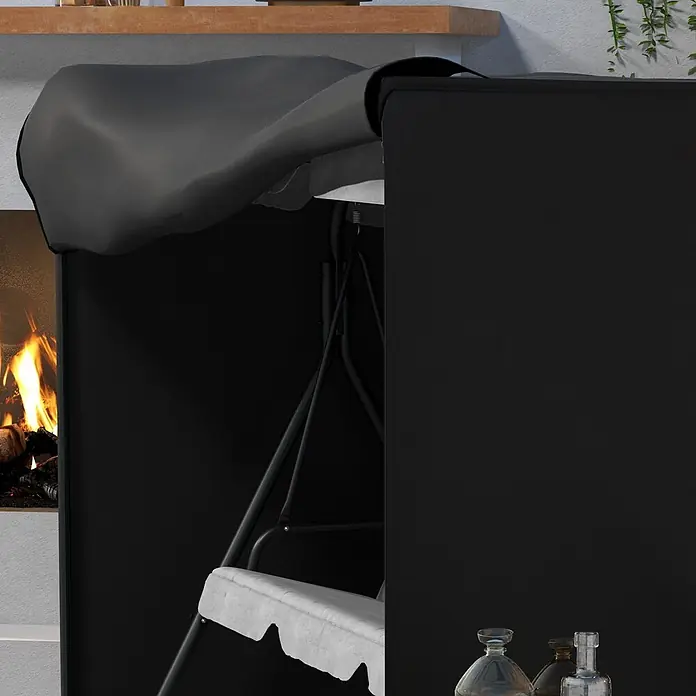 Outsunny Hollywoodschaukel-Schutzhülle - Oxfordstoff (100 % Polyester), Schwarz - Dunkelgraue Stoffschutzhülle über einer Gartenschaukel drapiert.