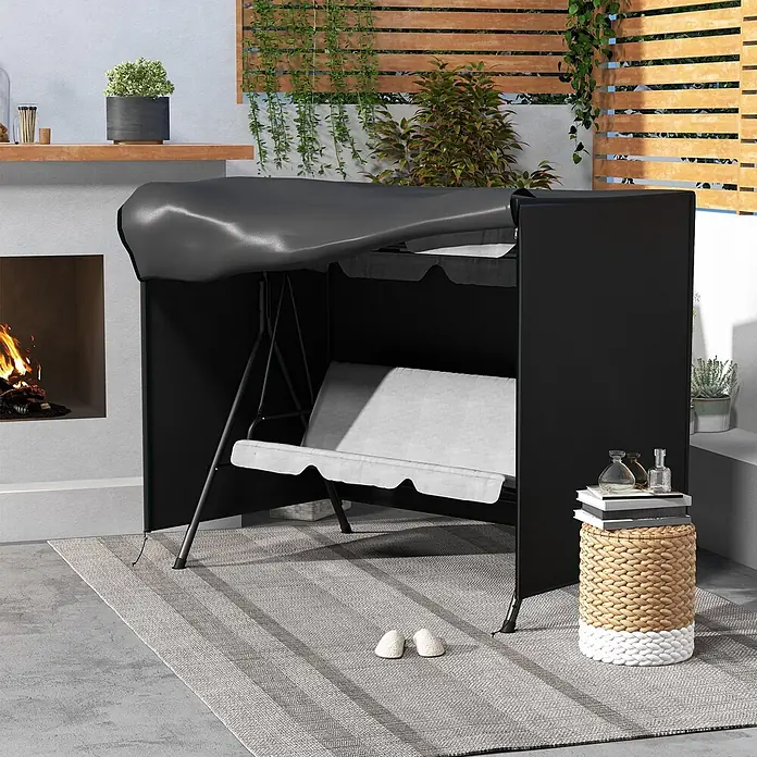 Outsunny Hollywoodschaukel-Schutzhülle - Oxfordstoff (100 % Polyester), Schwarz - Schwarze Abdeckung für Gartenschaukel mit hellgrauen Kissen auf Terrasse, schützt vor Witterung.