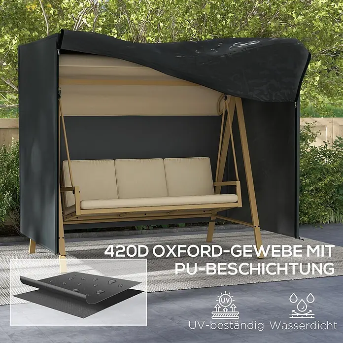 Outsunny Hollywoodschaukel-Schutzhülle - L x B x H: 220 x 125 x 172 cm, 420D Oxford-Polyester, Schwarz - Dunkelgraue 420D Oxford-Gewebe Schaukelüberdachung mit PU-Beschichtung, UV-beständig & wasserdicht, über einer Gartenschaukel.