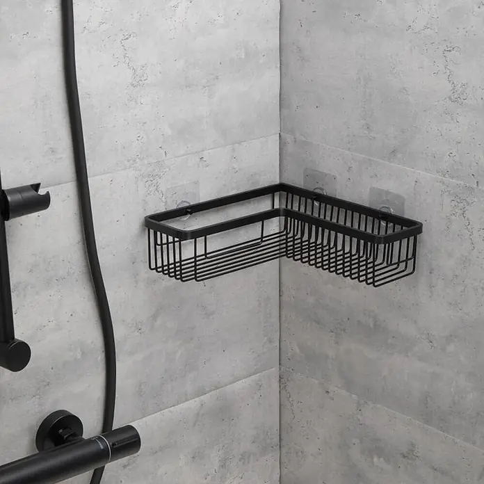 Tatay Aluminium Cesta de baño angular + QuickFix - 30 x 8 x 30 cm, Aluminio, Negro - Cesta de ducha de esquina de metal negro.