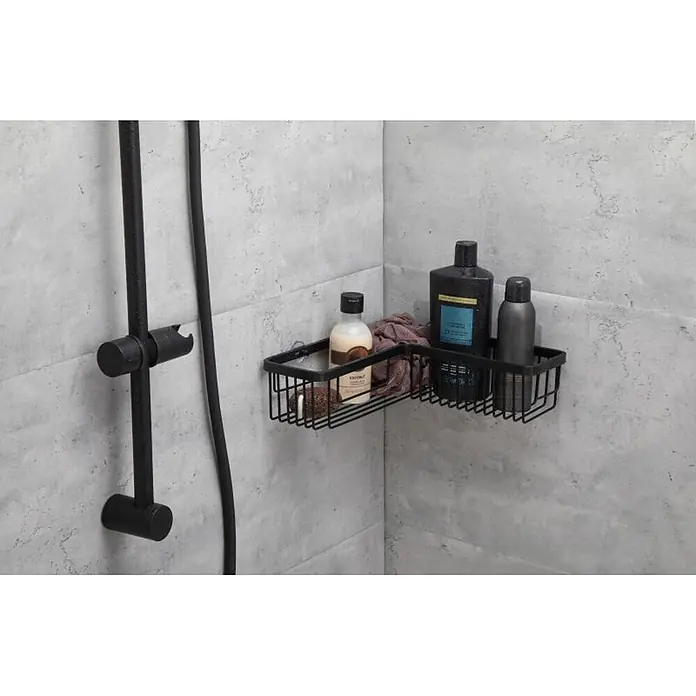 Tatay Aluminium Cesta de baño angular + QuickFix - 30 x 8 x 30 cm, Aluminio, Negro - Cesta de ducha de esquina de metal negro, montada en una ducha, con botellas y un paño.