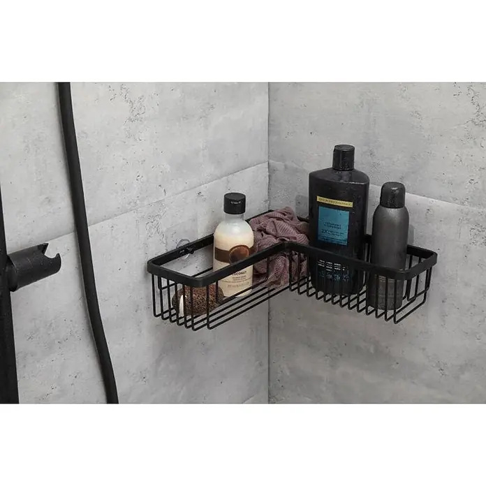 Tatay Aluminium Cesta de baño angular + QuickFix - 30 x 8 x 30 cm, Aluminio, Negro - Estante de ducha esquinero de metal negro montado en la ducha, conteniendo botellas y una esponja.