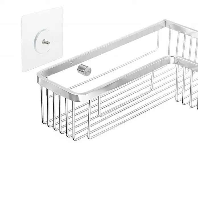 Tatay Aluminium Cesta de baño angular + QuickFix - 30 x 8 x 30 cm, Aluminio, Cromo - Cesta de ducha de alambre plateado con gancho adhesivo transparente para fácil montaje.