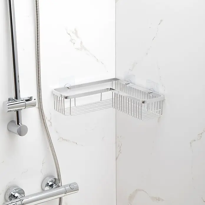 Tatay Aluminium Cesta de baño angular + QuickFix - 30 x 8 x 30 cm, Aluminio, Cromo - Cesta de ducha cromada en forma de L con diseño de alambre, montada en una esquina de ducha.