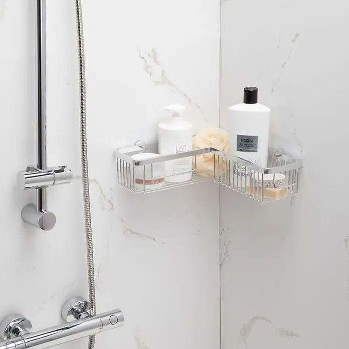Tatay Aluminium Cesta de baño angular + QuickFix - 30 x 8 x 30 cm, Aluminio, Cromo - Estante de ducha de esquina de metal plateado, montado en la pared con productos de aseo.