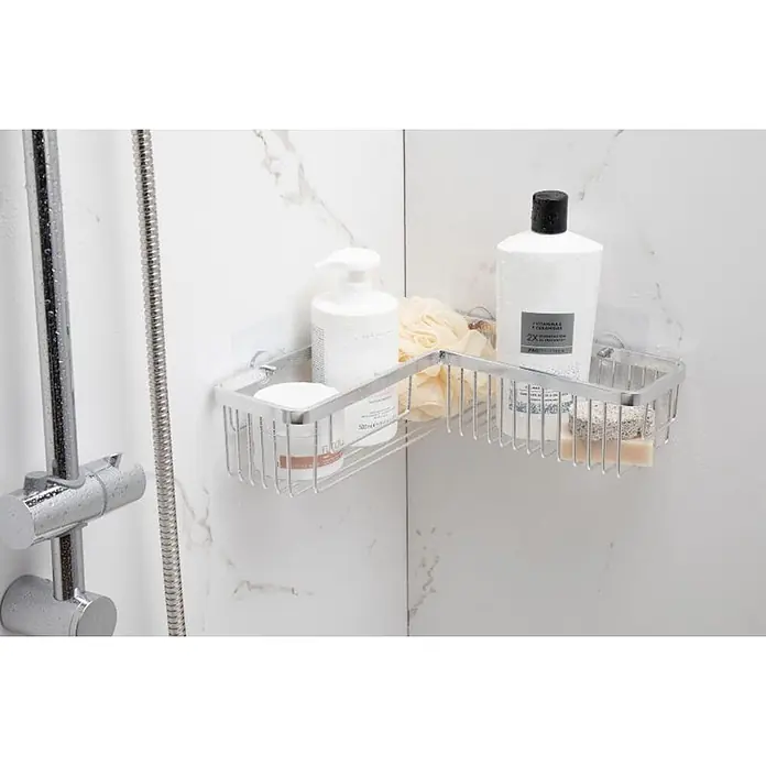 Tatay Aluminium Cesta de baño angular + QuickFix - 30 x 8 x 30 cm, Aluminio, Cromo - Cesta de ducha esquinera de metal plateado montada en una ducha, con botellas y jabones.