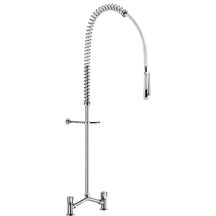 Delabie Brausegarnitur Delabie Geschirrspülbr. m. Mischer MA150+Handbr.433000,o.Auslaufvent -  - Chromfarbene Gastronomie-Spültischarmatur mit Vorspülbrause und Spiralschlauch.