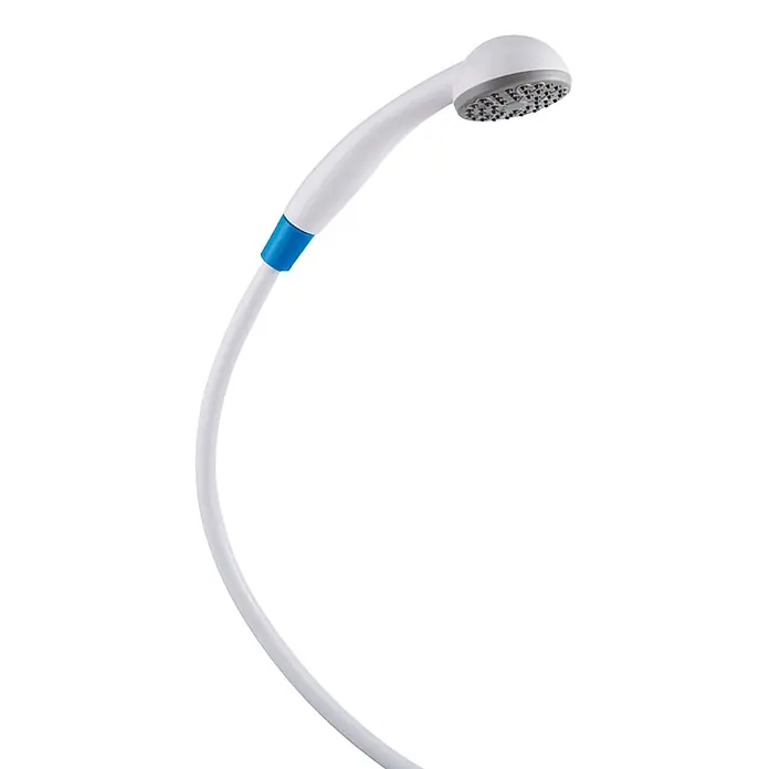 Delabie Brausegarnitur Delabie Einmalbrausegarnitur blau 1500mm, 25 Stück - blau - Weißer Duschkopf mit grauer Düse und blauem Band, an einem gebogenen weißen Schlauch befestigt.