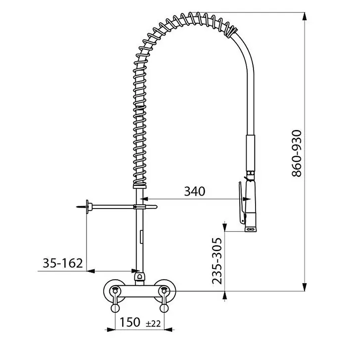 Delabie Brausegarnitur Delabie Geschirrspülbr schw m.Wandmischer+ Handbr.433010,o.Auslaufvent -  - Technische Zeichnung einer wandmontierten Vorspülbrause mit flexiblem, gefedertem Auslauf.