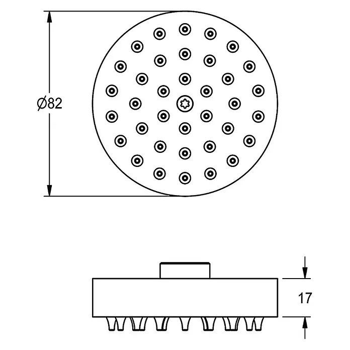 KWC Brausegarnitur KWC AR Brauseeinheit, F3, für Standdusche, 3600010127 -  - Technische Zeichnung eines runden Brausekopfs (Ø82mm) mit sternförmigem Antrieb und 17mm Höhe.