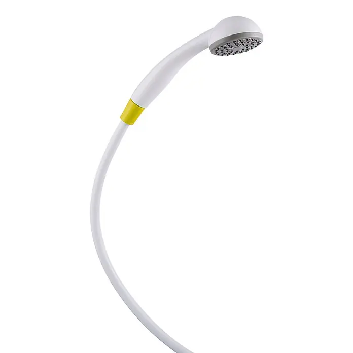 Delabie Brausegarnitur Delabie Einmalbrausegarnitur gelb 850mm, 25 Stück -  - Weiße Handbrause mit grauer Düsenplatte und weißem Schlauch mit gelbem Band.