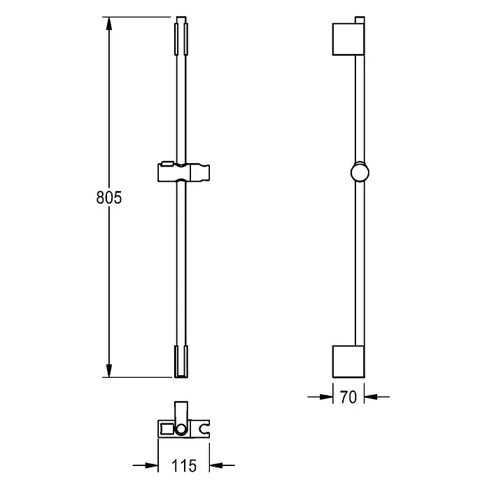 KWC Waschbecken KWC -  - Technische Zeichnung einer Brausestange mit verstellbarem Halter. Maße: Höhe 805mm, Ausladung 70mm, Basis 115mm.